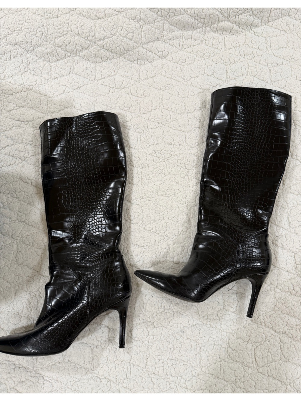 Black Croc-Embossed Leather Knee-High Stiletto Boots